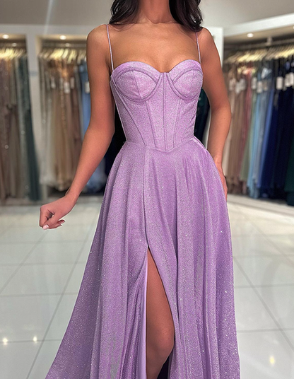 Purple Graduation Prom Dress Satin Slit Floor Length Skirt Formal Dress