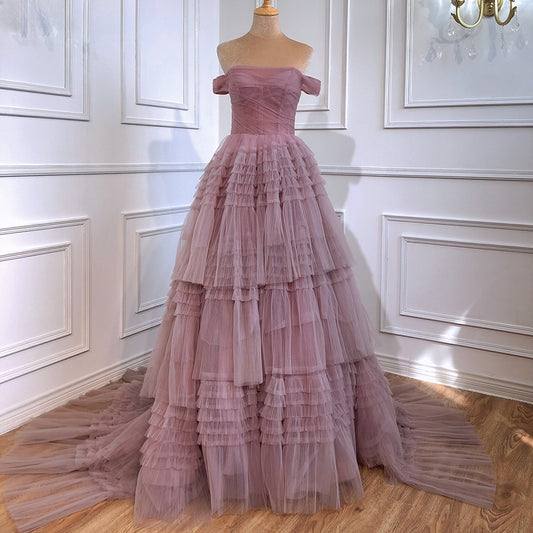 Pink One-shoulder Elegant Long Mesh Cake Skirt Party Evening Dress