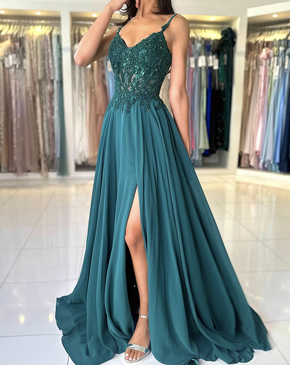 Dark Green Graduation Prom Dress Satin Slit Floor Length Skirt Formal Dress