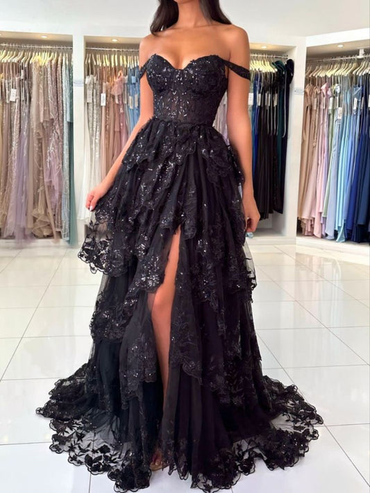 Black Mesh Prom Dress Satin Slit Floor Length Dress