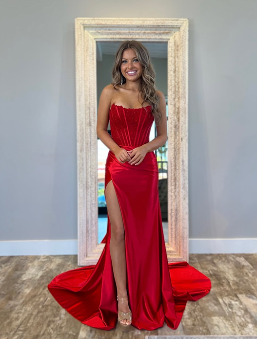 Red Graduation Prom Dress Satin Slit Floor Length Skirt Formal Dress