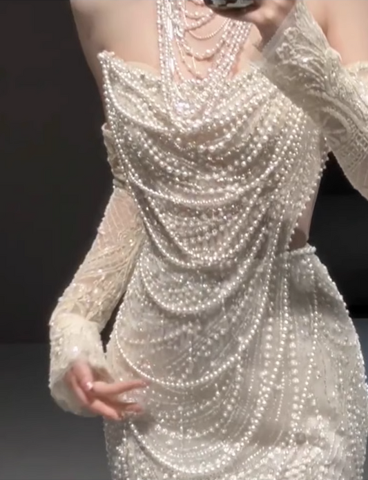 White Mermaid Sequins Pearl Sequins Long Sleeve Wedding Dress