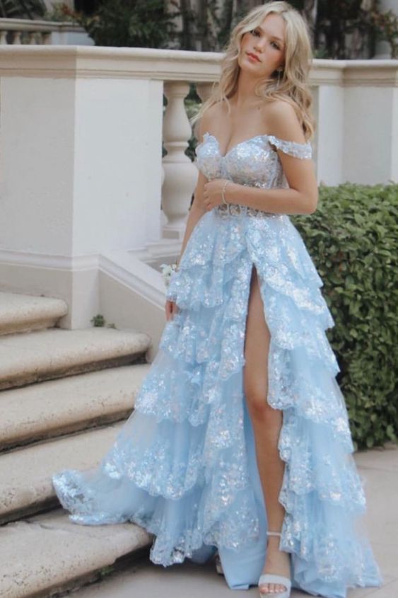 Blue Sequin Cake Dress High Slit Tube Top Formal Dress Wedding Dress Prom Dress