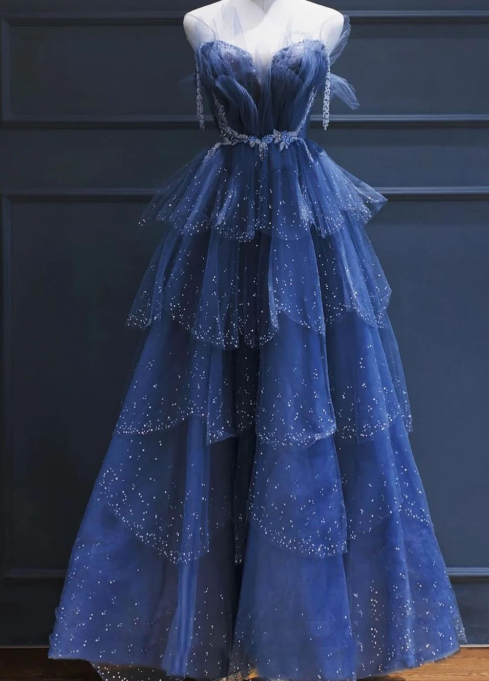 Blue Tulle Beaded Long A-line Prom Dress E2302