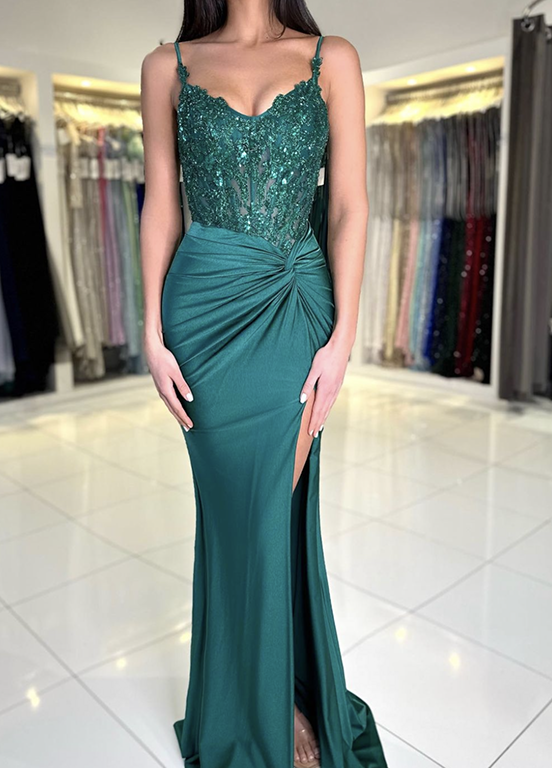 Dark Green Graduation Prom Dress Satin Slit Floor Length Skirt Formal Dress