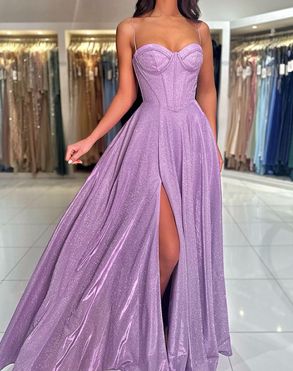 Purple Graduation Prom Dress Satin Slit Floor Length Skirt Formal Dress