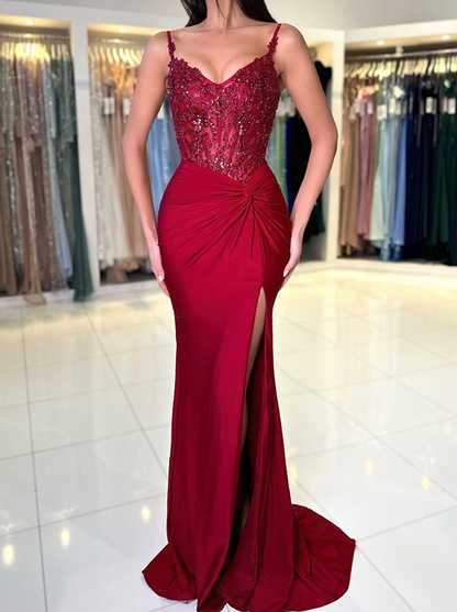 Burgundy Graduation Prom Dress Satin Slit Floor Length Skirt Formal Dress