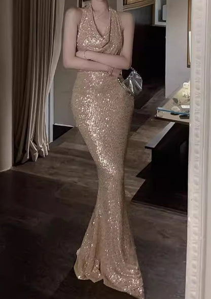 Champagne Sequined Swing Neck Mesh Tight Hip Fishtail Skirt Prom Dress