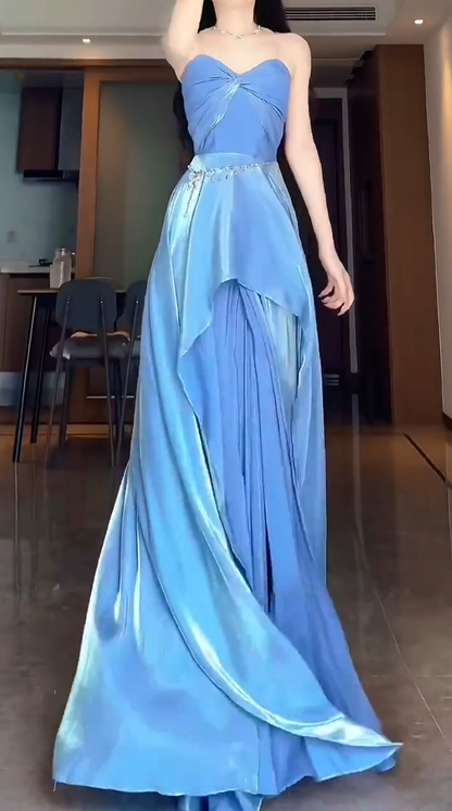 Blue Satin Sleeveless Hip Wrap Back Floor Skirt Graduation Dress Prom Dress