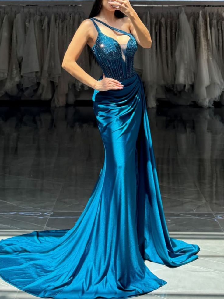 Slim Blue Prom Dress Satin Slit Floor Length Skirt Formal Dress