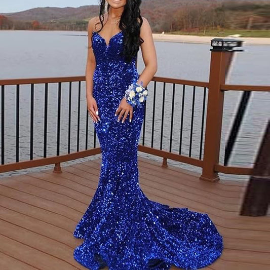 Sequin Evening Dress Formal Sexy Long Prom Party Dress Mermaid Sparkling V Neck Dress