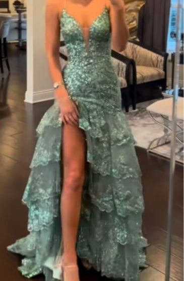 Light Green V-Neck High Split Sequins Lace Cake Dress Graduation Prom Dress