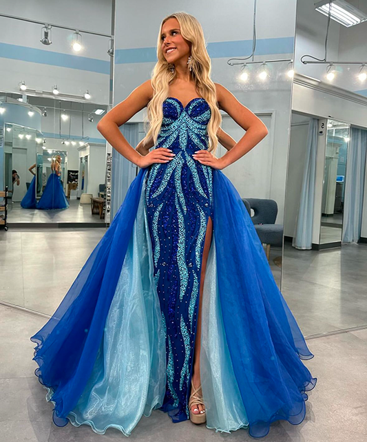 Blue Sleeveless Tube Top Skinny Backless Floor Skirt Luxury Gown Prom Dress