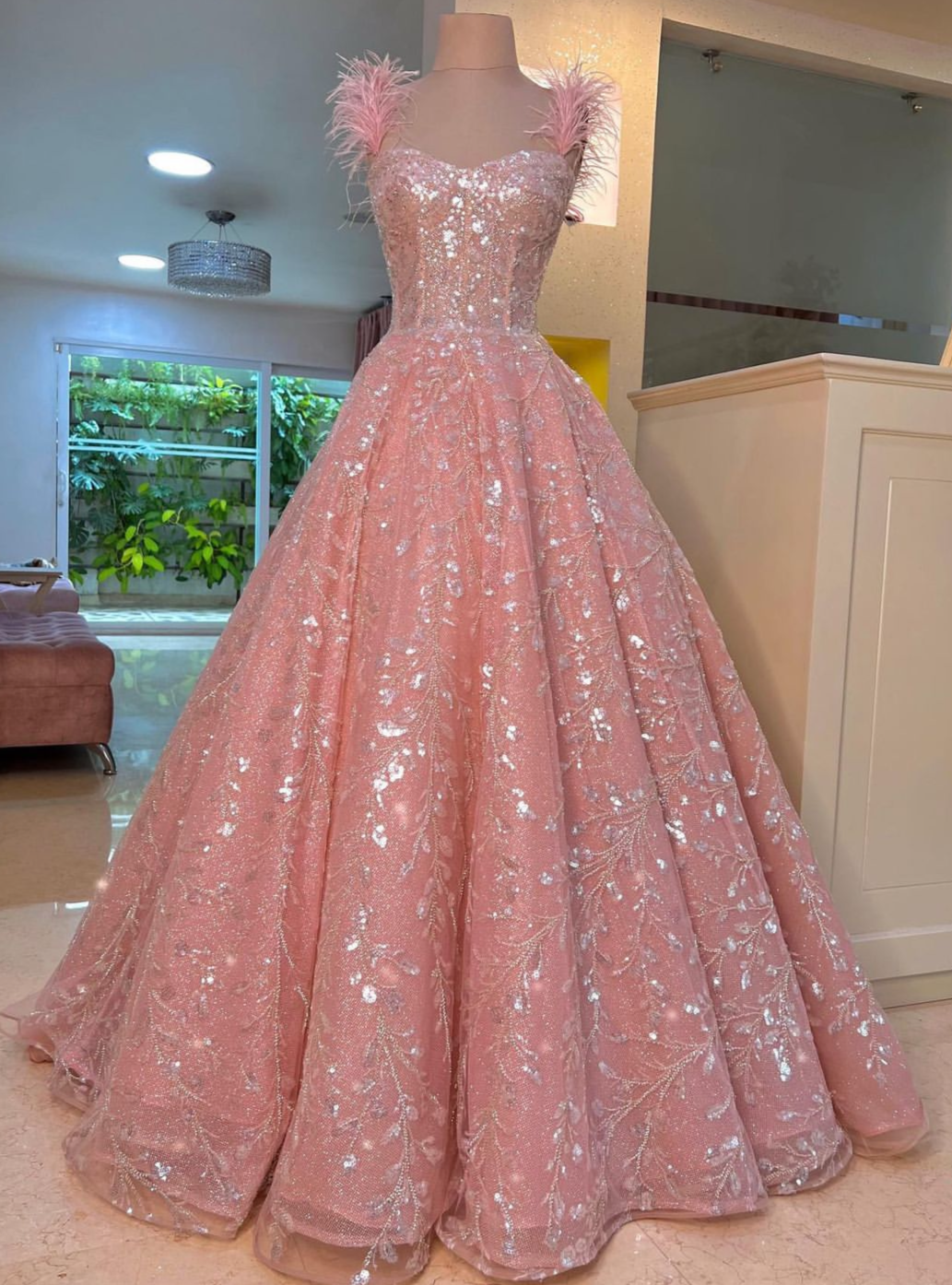 Pink Sequins Feathers on Shoulders Pink Formal Dress E1801