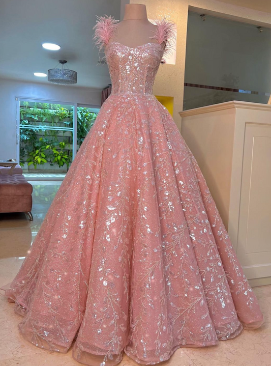 Pink Sequins Feathers on Shoulders Pink Formal Dress E1801