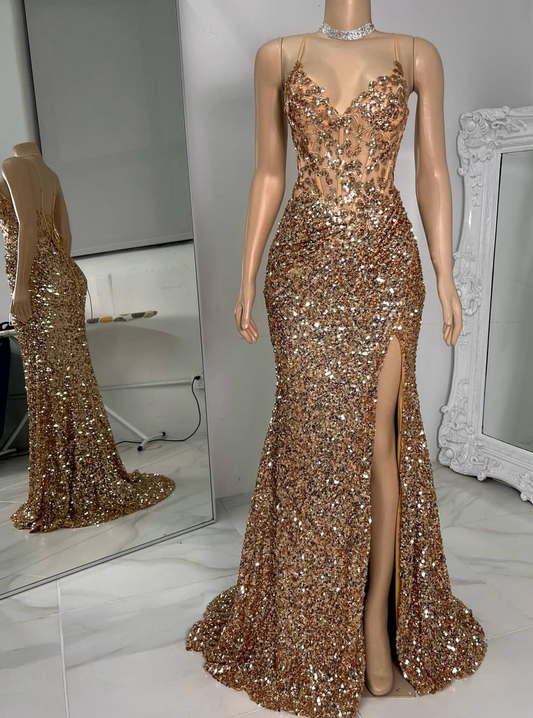 Gold Strap V-neck Sequined Long Dress Graduation Dress Formal Dress E1810