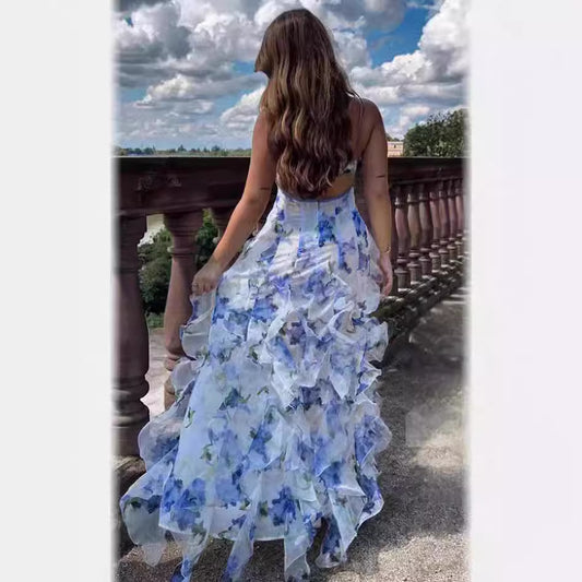 Blue Off-shoulder Women's Fashionable Organza Fairy Long Temperament Evening Dress