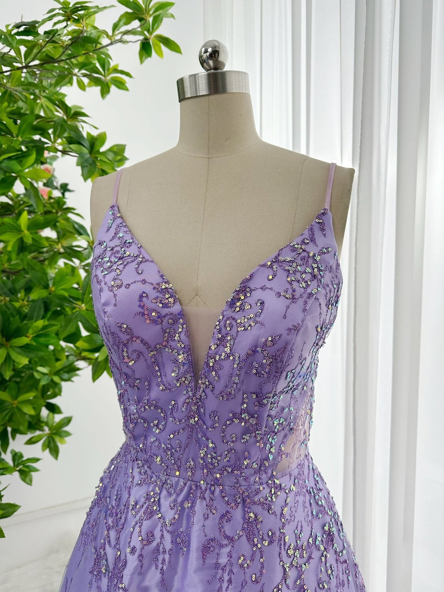 Purple Sexy Deep V Neck Sleeveless Waist A-Line Sequined Mesh A-Line Banquet Long Evening Dress