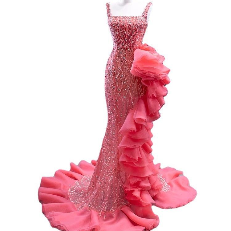 Dress Pink Shoulders Gorgeous High Waist Slimming Mermaid Performance Costume Host Costume