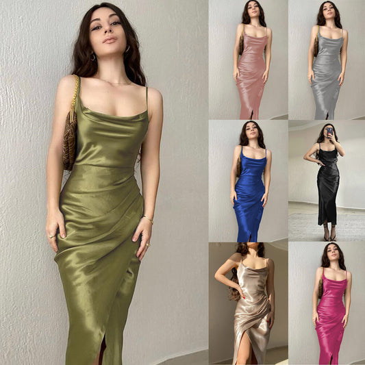 Solid Color Hot Girl Style Sexy Low-cut Satin Slit Suspender Dress New Slim Backless Long Skirt