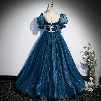 Banquet Dress Female Piano Playing High-end Blue Art Handmade Performance Clothing