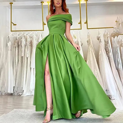 Evening Dress New Slit Green One-shoulder Long Sexy Strappy Ball Gown