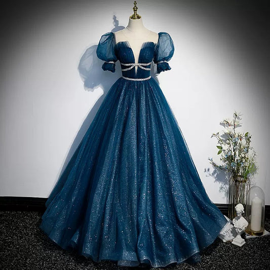 Banquet Dress Female Piano Playing High-end Blue Art Handmade Performance Clothing