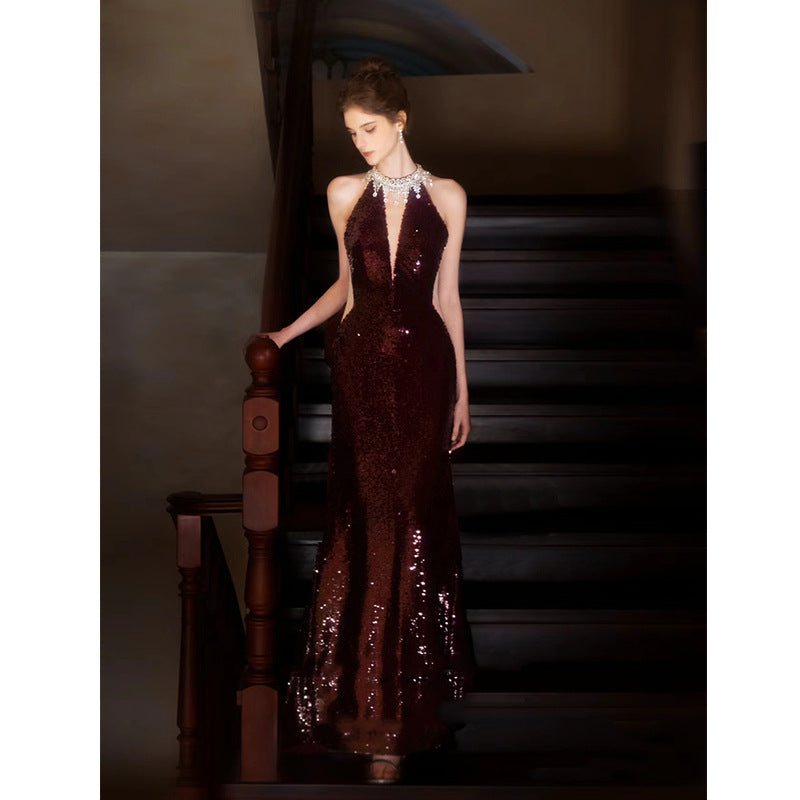 Burgundy V-Neck Neck Sequins Backless Mermaid Gown Graduation Prom Dress