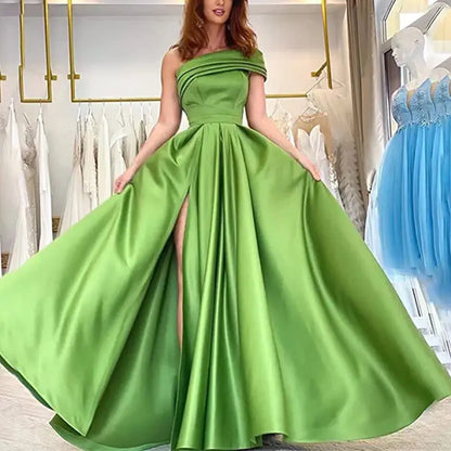 Evening Dress New Slit Green One-shoulder Long Sexy Strappy Ball Gown