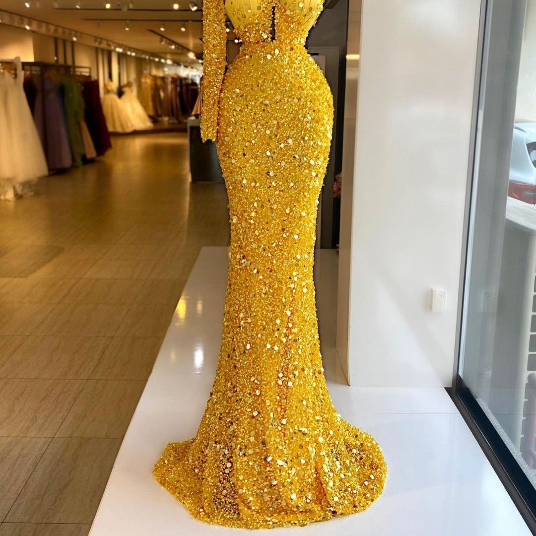 Fashion Slim Handmade Sequin Bead Embroidery Heavy Lace Asymmetrical One-sleeve Dress Tube Top High Waist Floor-length Prom Dresses