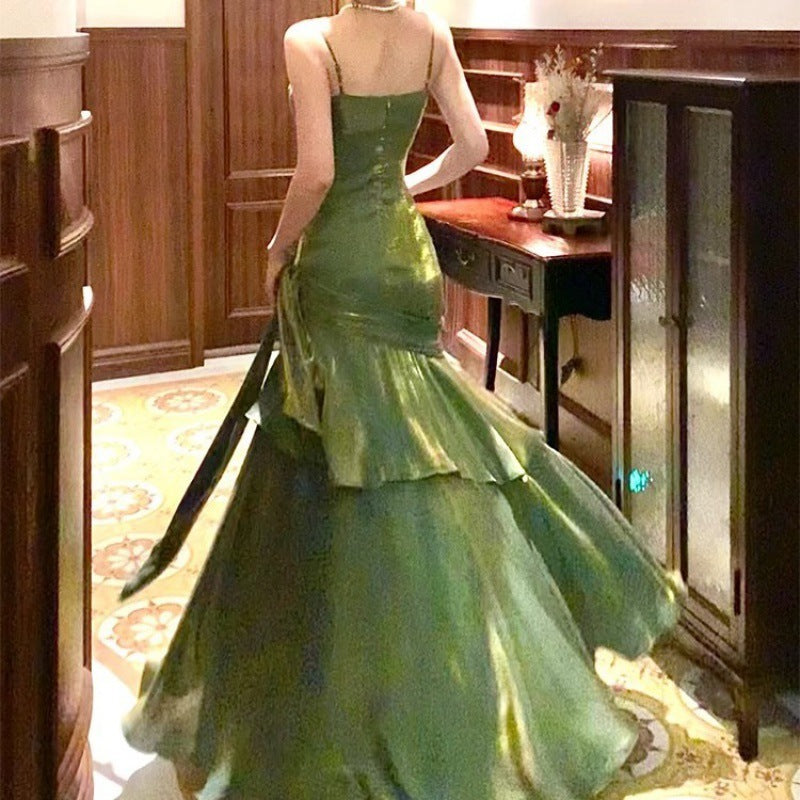 Green Sleeveless Sling Tube Top Satin Ruffle Edge Floor-to-ceiling Prom Dress E72222