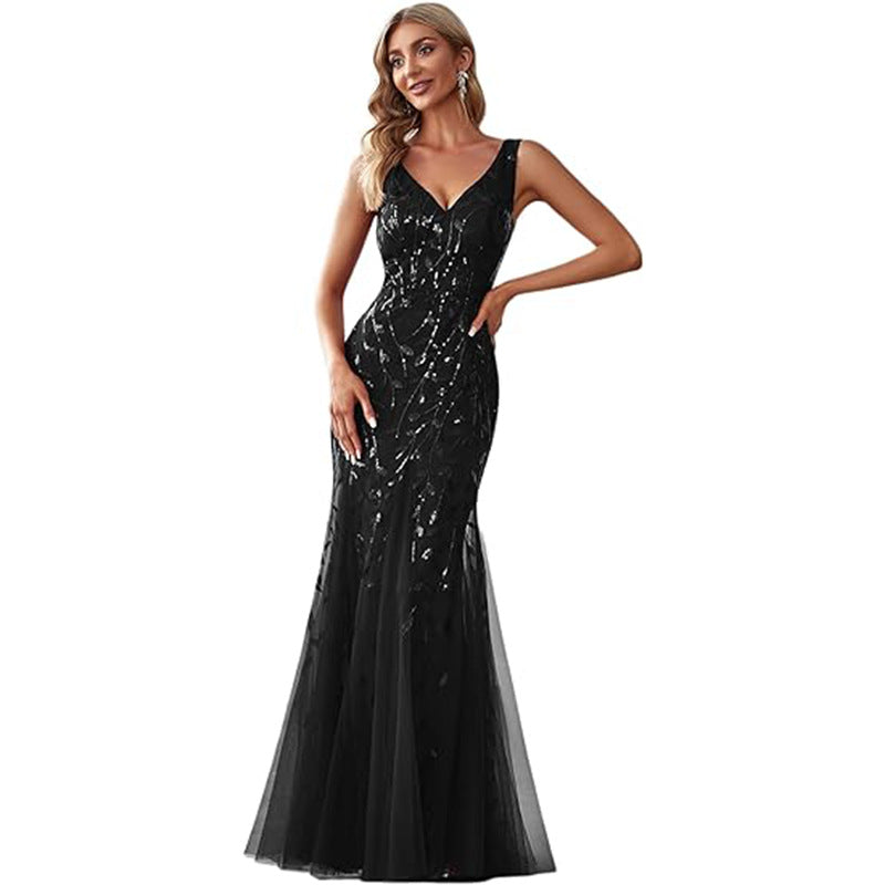 Dress V-neck Tulle Embroidered Sequin Sexy Mermaid Ball Gown Women Formal Dress