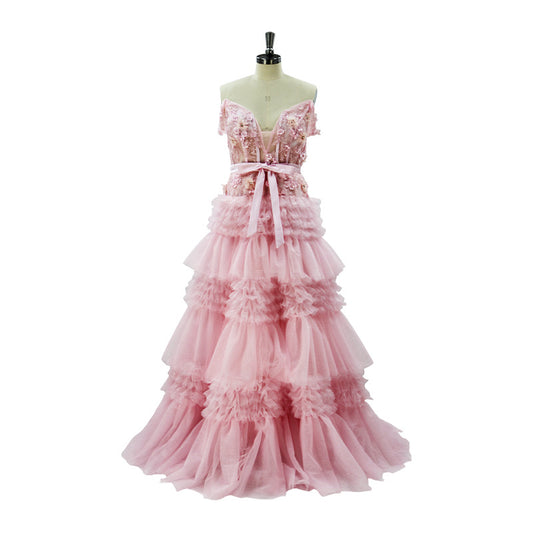 Pink Long Mesh Dress, Strappy Elegant Cake Dress Sweet Style Dress