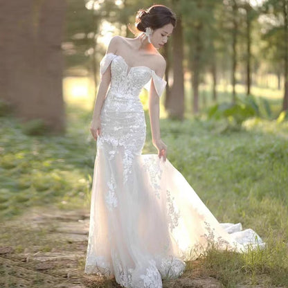 One-shoulder French Wedding Dress, Bride's Fishtail Wedding Dress Forest