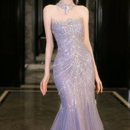 Light Purple Tube Top Sequined Starry Sky Dress Mermaid Princess Coming-of-age Ceremony Dress Wedding Dress ERM8235