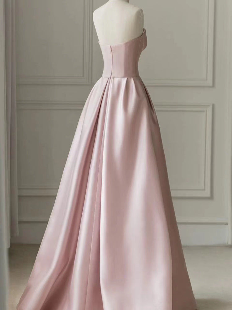 Pink Tube Top Sleeveless Satin Mesh Floor-to-ceiling Prom Dress E7221