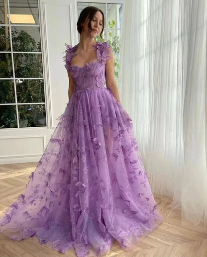 Romantic Lilac Lace A-Line Gown Butterfly Appliqués Ruffled Straps