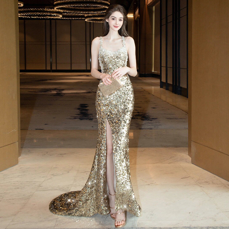 Gold Sleeveless Suspender Hip Wrap Tight High Split Diamond Sequin Dress Prom Dress E7220