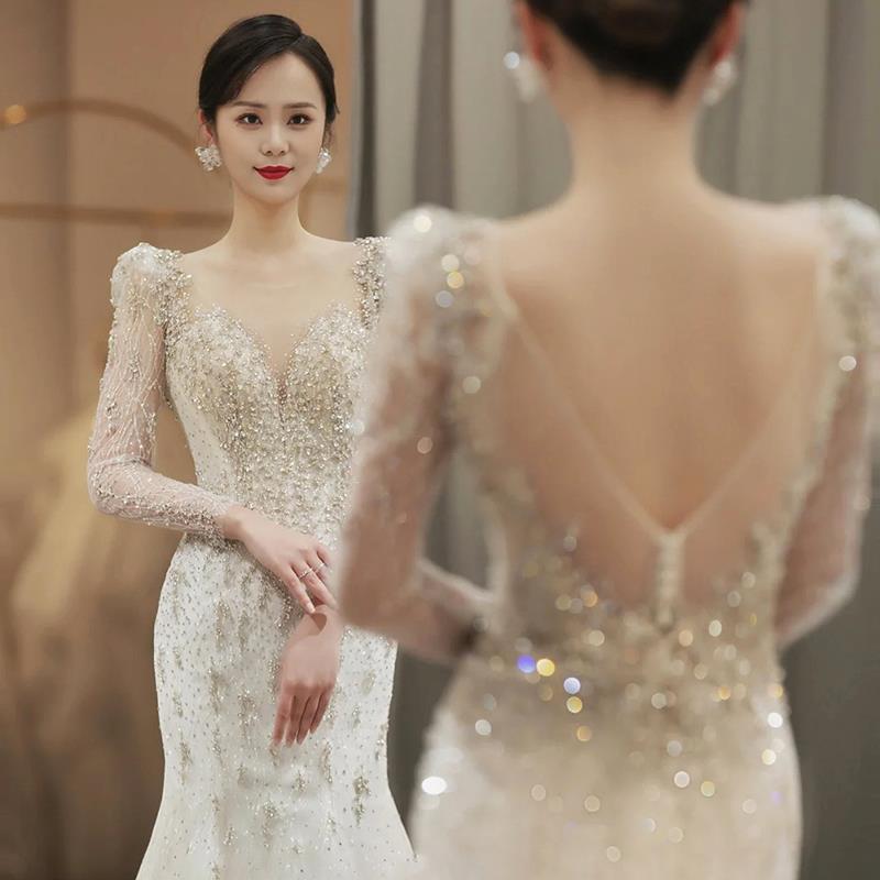 Sequin Deep V Diamond Wedding Dress Formal Dress Evening Dress