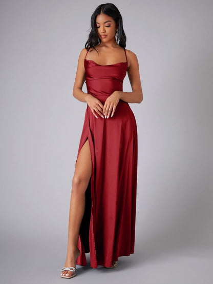 Red sleeveless sexy halter dress, graduation dress E7206