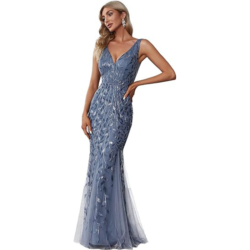 Dress V-neck Tulle Embroidered Sequin Sexy Mermaid Ball Gown Women Formal Dress