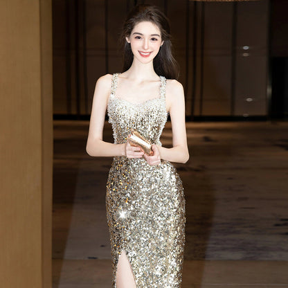 Gold Sleeveless Suspender Hip Wrap Tight High Split Diamond Sequin Dress Prom Dress E7220