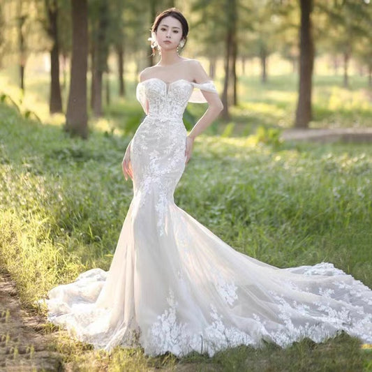 One-shoulder French Wedding Dress, Bride's Fishtail Wedding Dress Forest