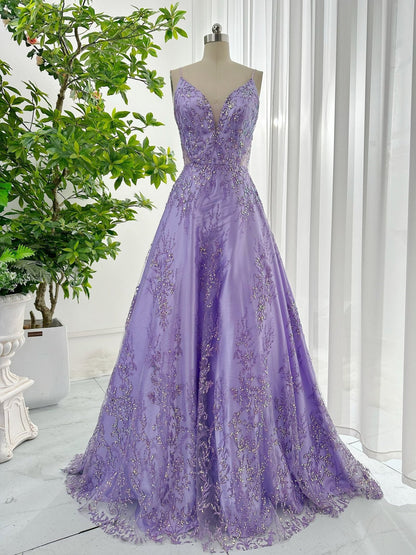 Purple Sexy Deep V Neck Sleeveless Waist A-Line Sequined Mesh A-Line Banquet Long Evening Dress