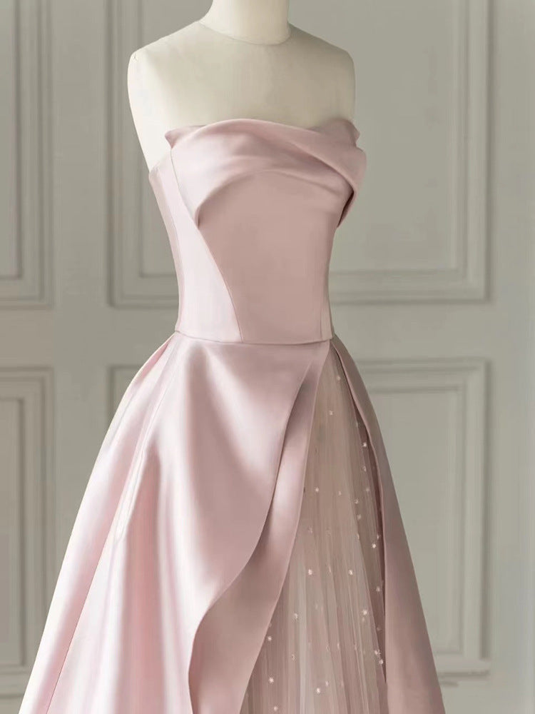 Pink Tube Top Sleeveless Satin Mesh Floor-to-ceiling Prom Dress E7221