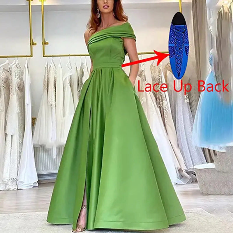 Evening Dress New Slit Green One-shoulder Long Sexy Strappy Ball Gown