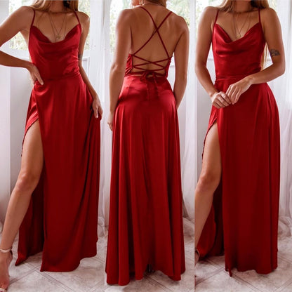 Red sleeveless sexy halter dress, graduation dress E7206