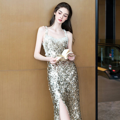 Gold Sleeveless Suspender Hip Wrap Tight High Split Diamond Sequin Dress Prom Dress E7220