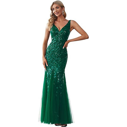 Dress V-neck Tulle Embroidered Sequin Sexy Mermaid Ball Gown Women Formal Dress