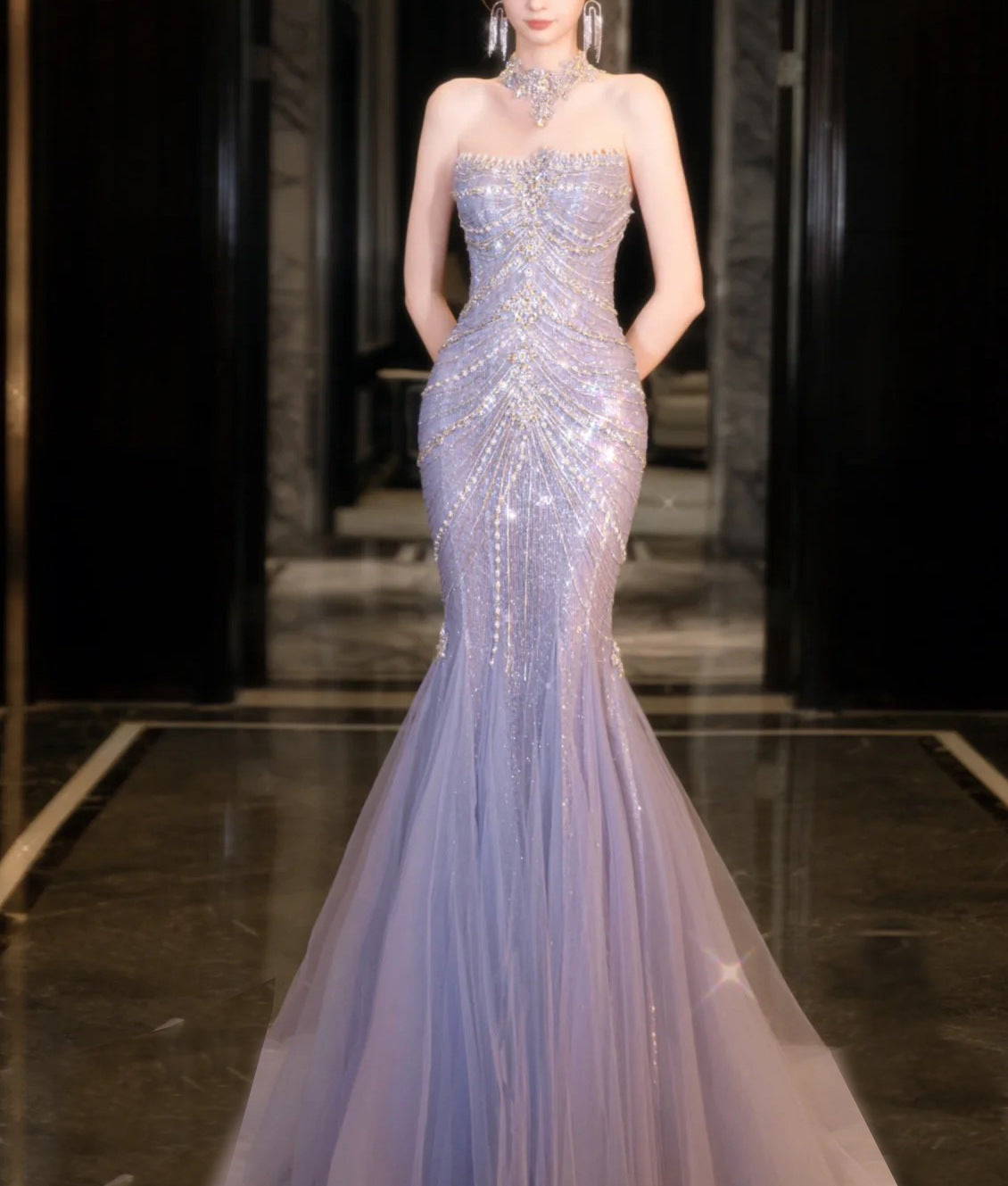 Light Purple Tube Top Sequined Starry Sky Dress Mermaid Princess Coming-of-age Ceremony Dress Wedding Dress ERM8235